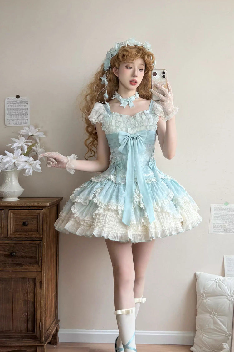 Green Floral Dream Short Sleeves Multi-Layered Ruffle Embroidery Bowknot Lace-Up Sweet Elegant Ballet Lolita Jsk Dress