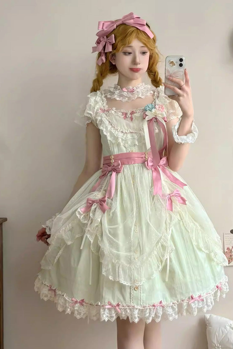 Green Sakura's Spring Resonance Sleeveless Ruffled Bow Sweet Lolita Jsk Dress (Short Version)