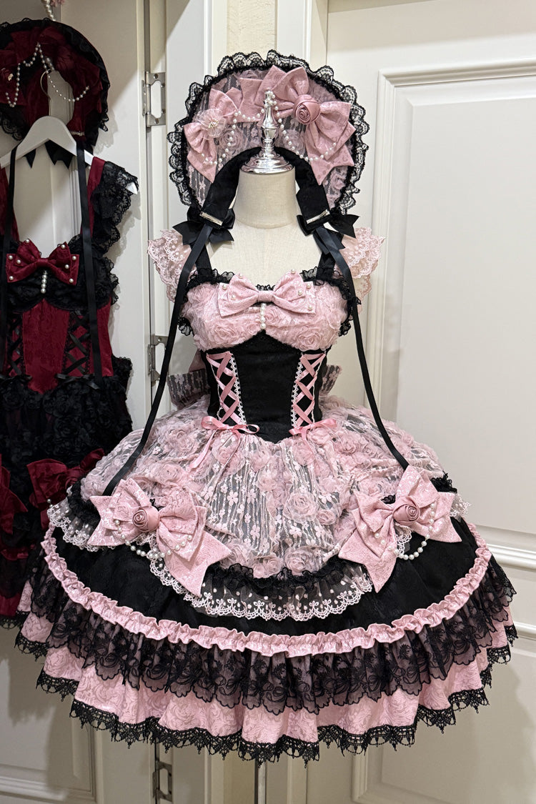 Black/Pink Rose Princess Sleeveless Ruffle Bowknot Lace Lace-Up Sweet Ballet Lolita Jsk Dress