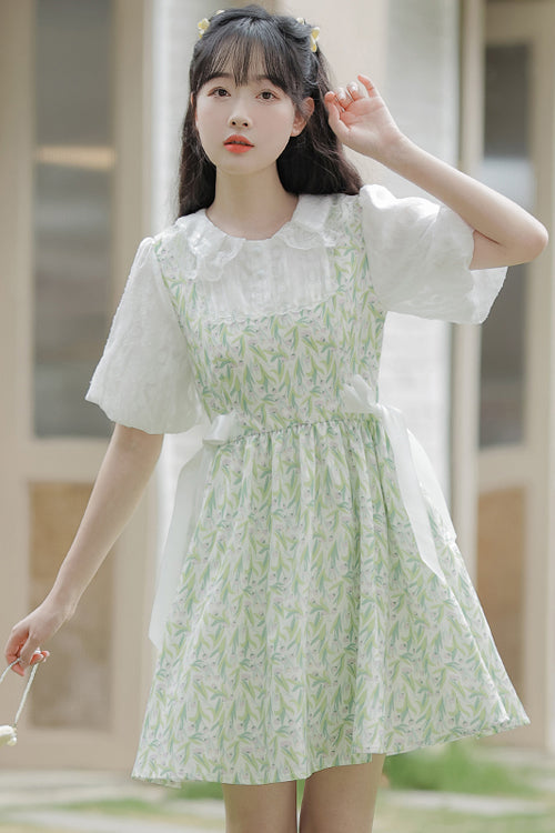 Green Doll Collar Puff Short Sleeve Chiffon Floral Print High Waisted Sweet Lolita Dress