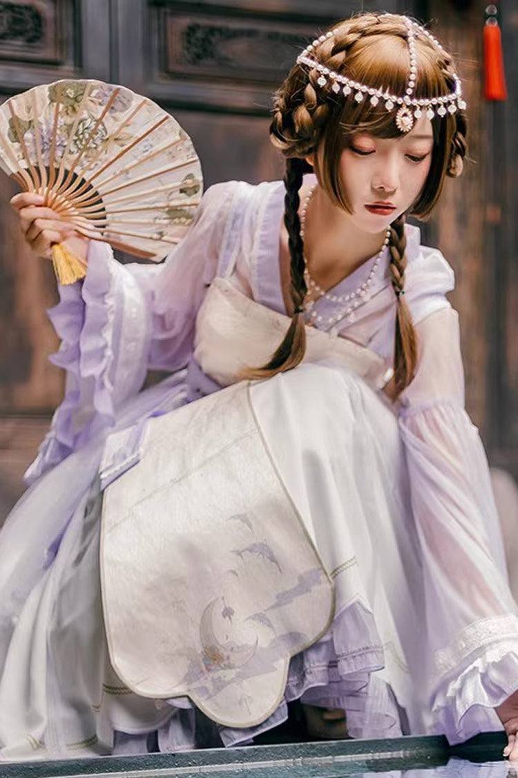 Night and the Oriole Print Ruffle Bowknot Lace Sweet Chinese Style Lolita Jsk Dress 2 Colors