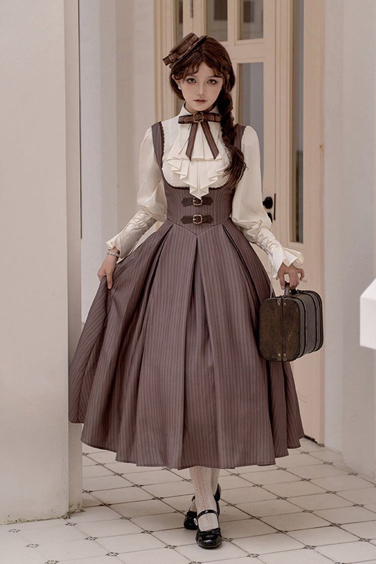 Brown Manchester City's Past Striped Print Breast Support Long Version Sweet Lolita Dress