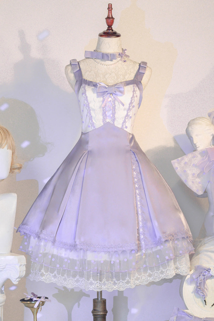 Purple Polka Waltz Sleeveless Print Bowknot Stitching Lace Sweet Lolita Jsk Dress