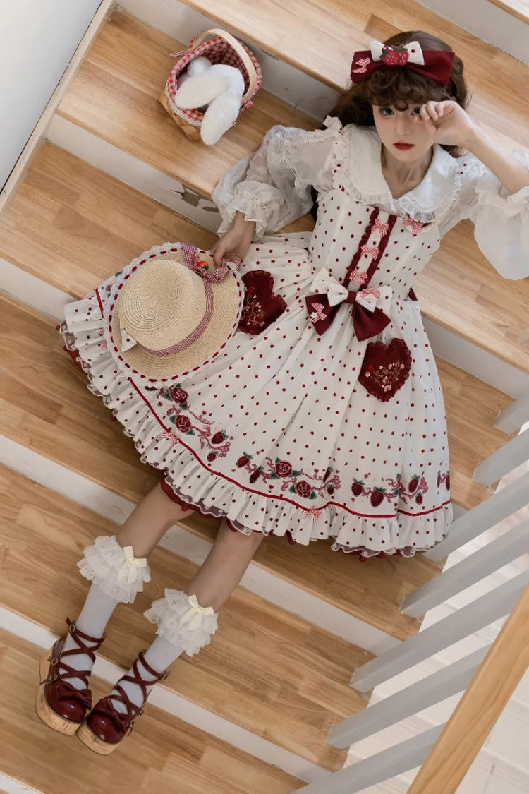 White Strawberry Diary Print Ruffle Bowknot Sweet Lolita Jsk Dress