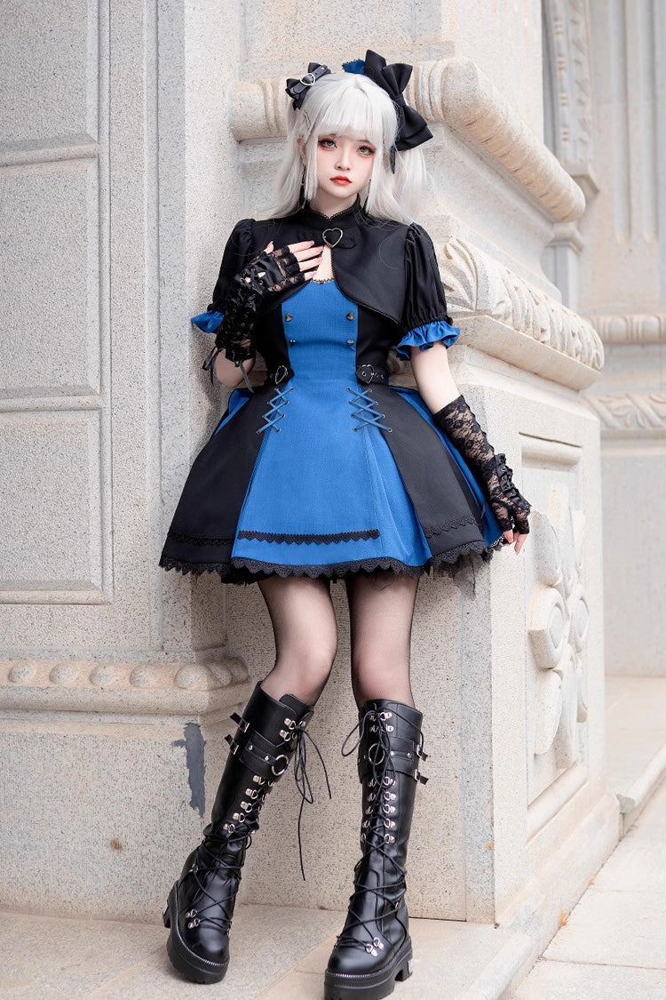 Black/Blue Night Liana Ruffle Bowknot Lace-Up Sweet Japanese Lolita Jumper Dress Set