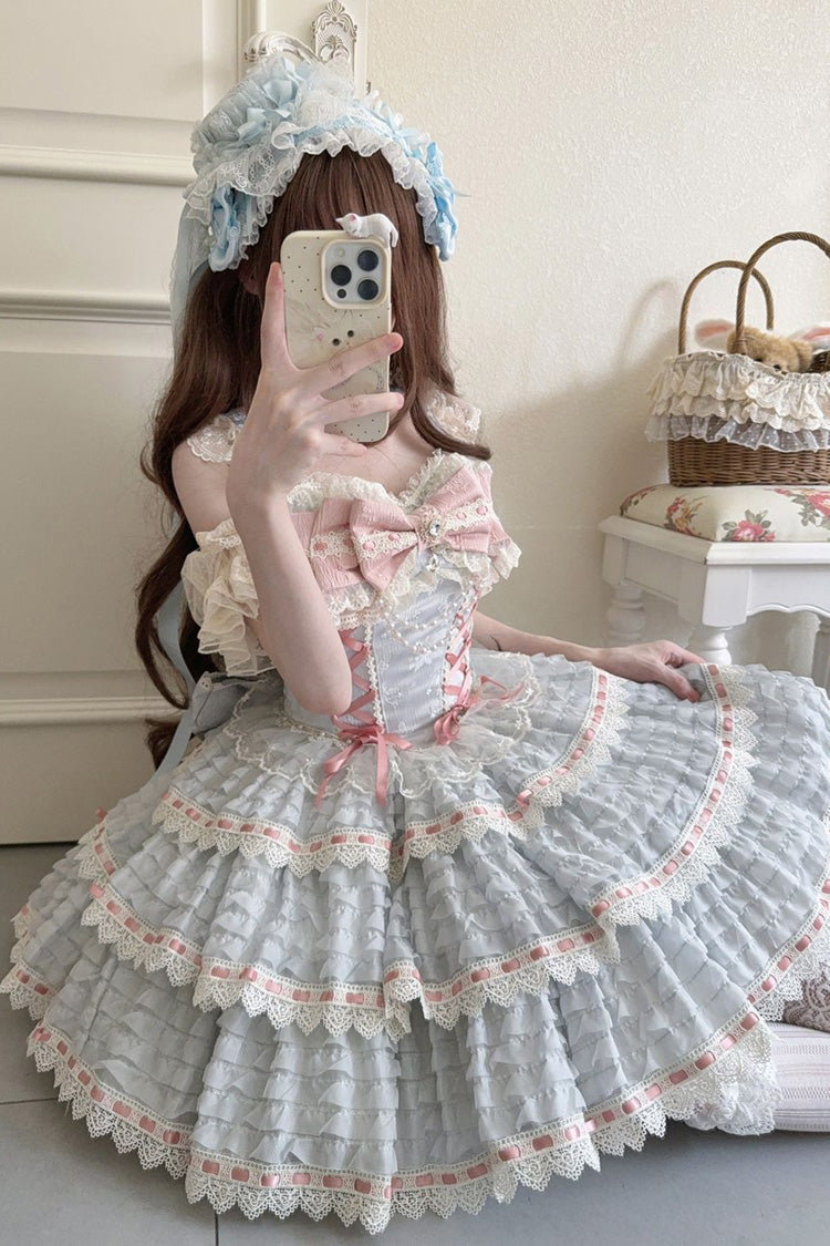 Blue Song of Floral Letters Sleeveless Triple-Layered Bowknot Lace-Up Sweet Lolita Jsk Dress