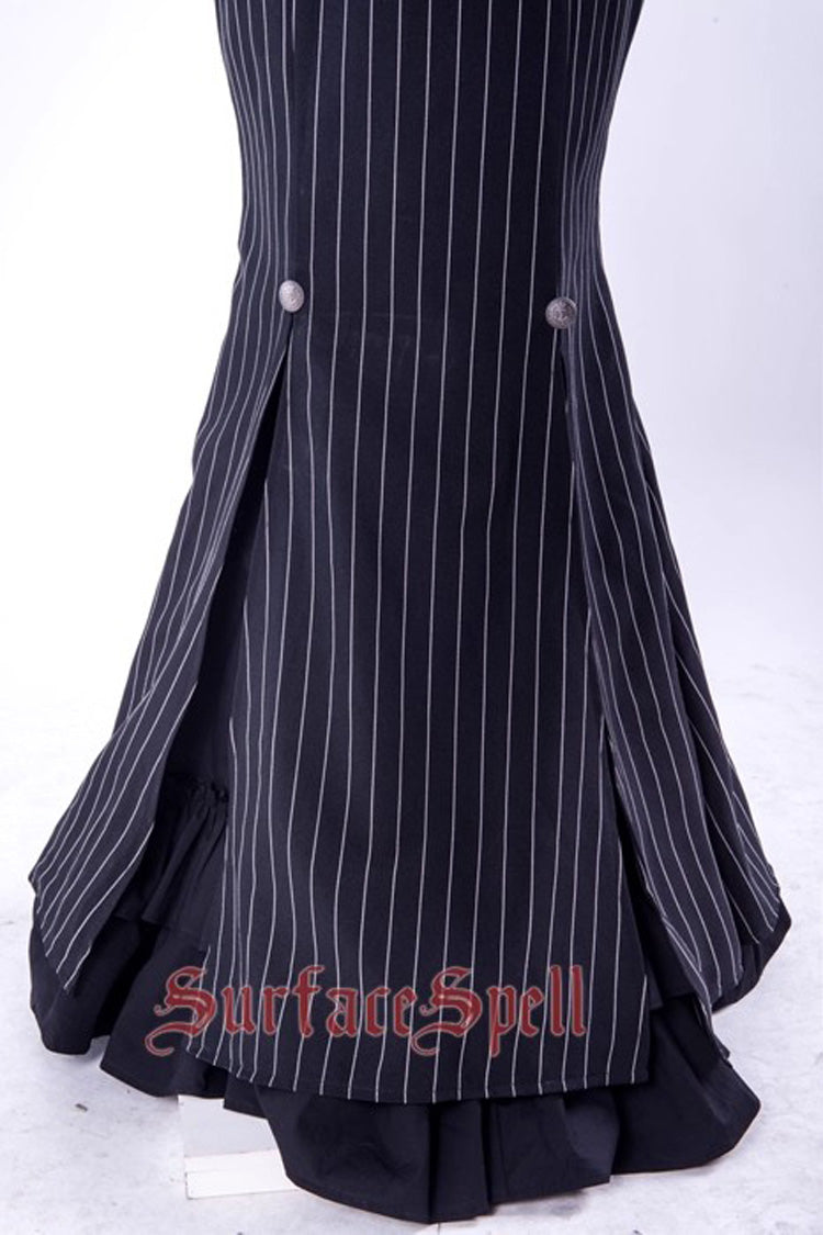 Black Lorelei Double-Layered Striped Print Ruffle Gothic Elegant Lolita Mermaid Maxi Skirt