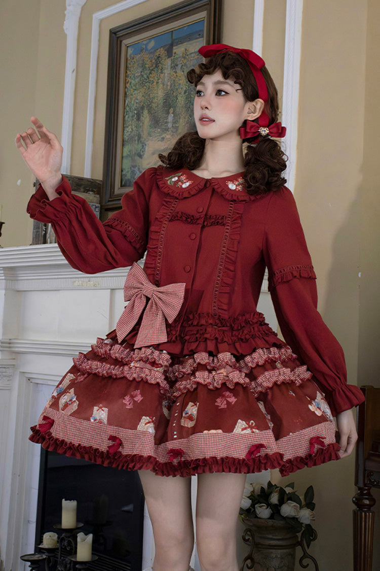 Red Bell Strawberry Farm Print Ruffle Embroidery Sweet Lolita Skirt