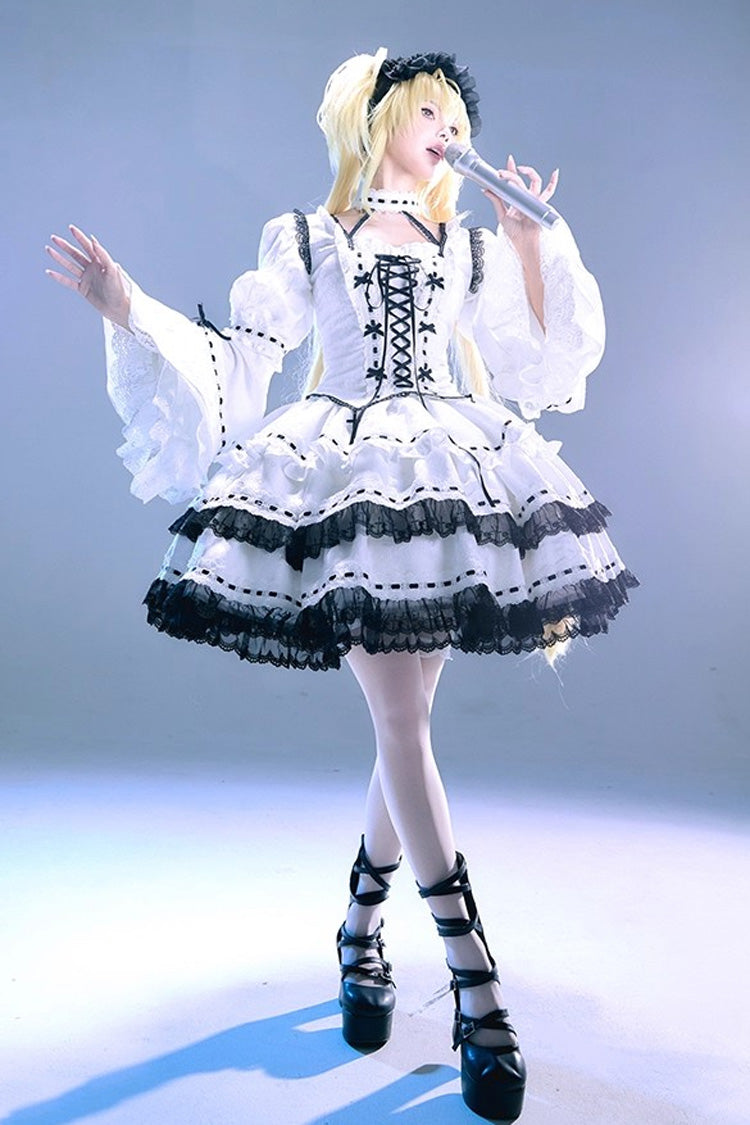 White Witch Long Trumpet Sleeves Double-Layered Ruffle Bowknot Lace-Up Gothic Lolita Skirt Dress Set