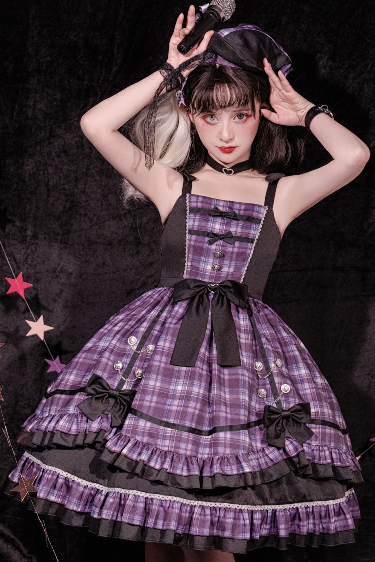 Pink/Black High Waist Stitching Bowknot Ruffled Plaid Slimming Sweet Lolita Jsk Dress