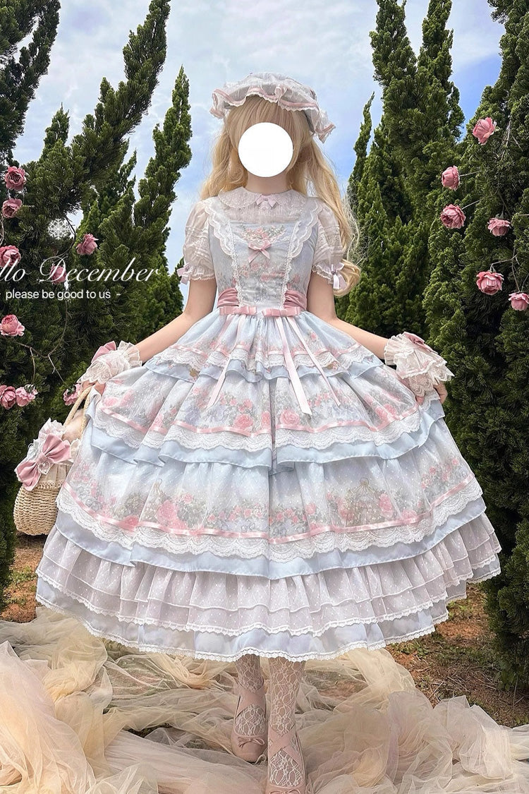 Multi-Color Rose Flower Cage Print Triple-Layered Ruffle Bowknot Sweet Elegant Lolita Jsk Dress