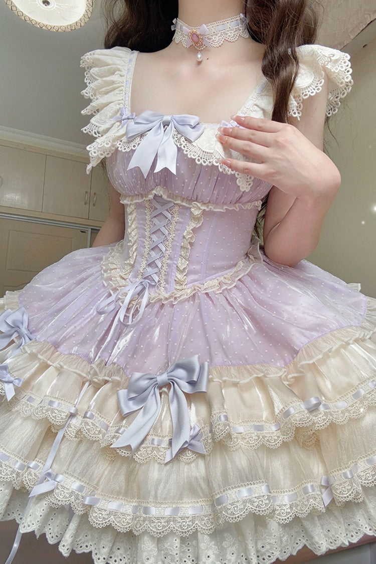 Purple Flory Butterfly Double-Layered Ruffle Bowknot Lace Lace-Up Sweet Ballet Lolita Jsk Dress