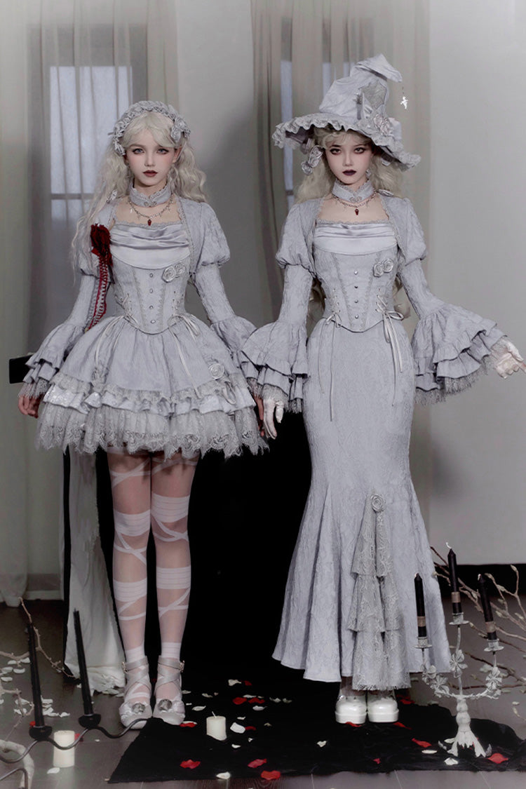 Silver Grey Twilight Multi-Layered Ruffle Hollow Lace Gothic Witch Lolita Skirt