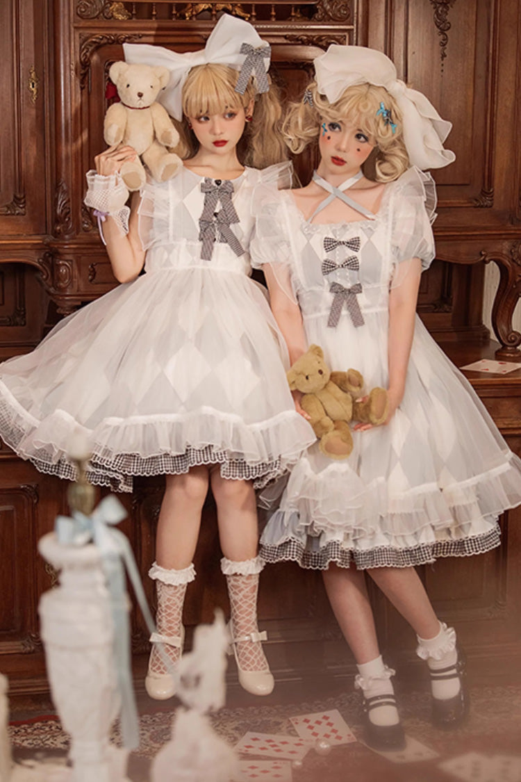 White/Blue Sleeveless Diamond Plaid Print Bowknot Alice Sweet Lolita JSK Dress