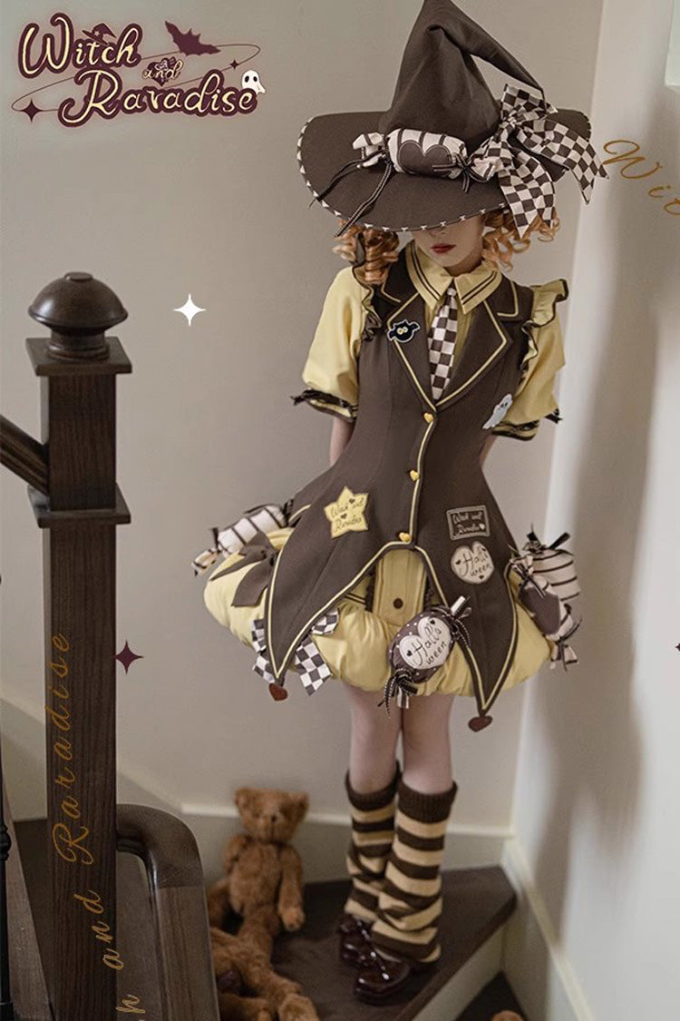 Brown/Yellow Witch and Paradise Short Sleeves Ruffle Bowknot Sweet Japanese Halloween Lolita Dress Vest Set