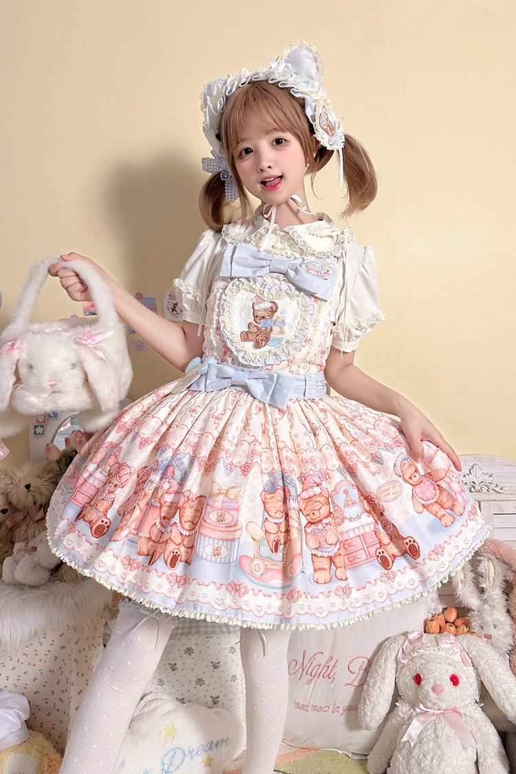Bear Anniversary Celebration Sleeveless Printed Ruffled Bow Sweet Lolita Strap Dress 2 Colors
