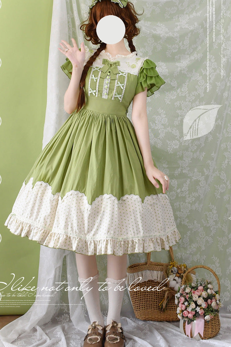 Summer Wind Short Sleeves Polka Dot Print Ruffle Embroidery Sweet Lolita Dress 3 Colors