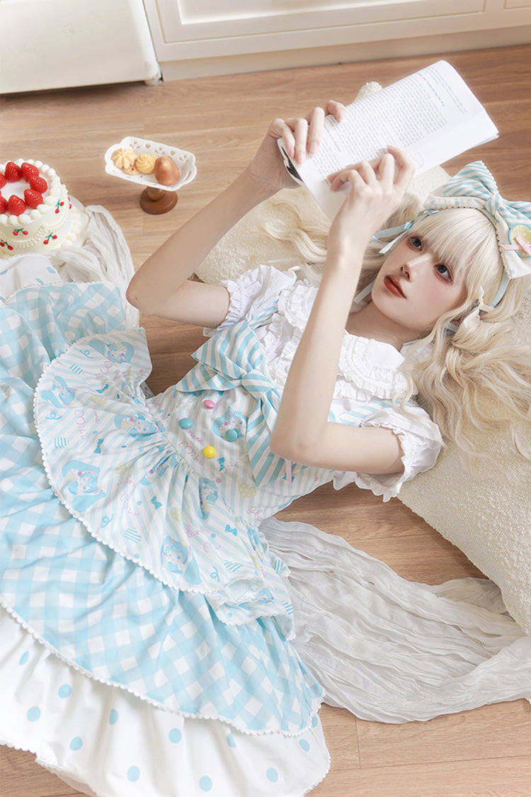 Blue Miku Sleeveless Triple-Layered Print Bowknot Sweet Lolita Jsk Dress