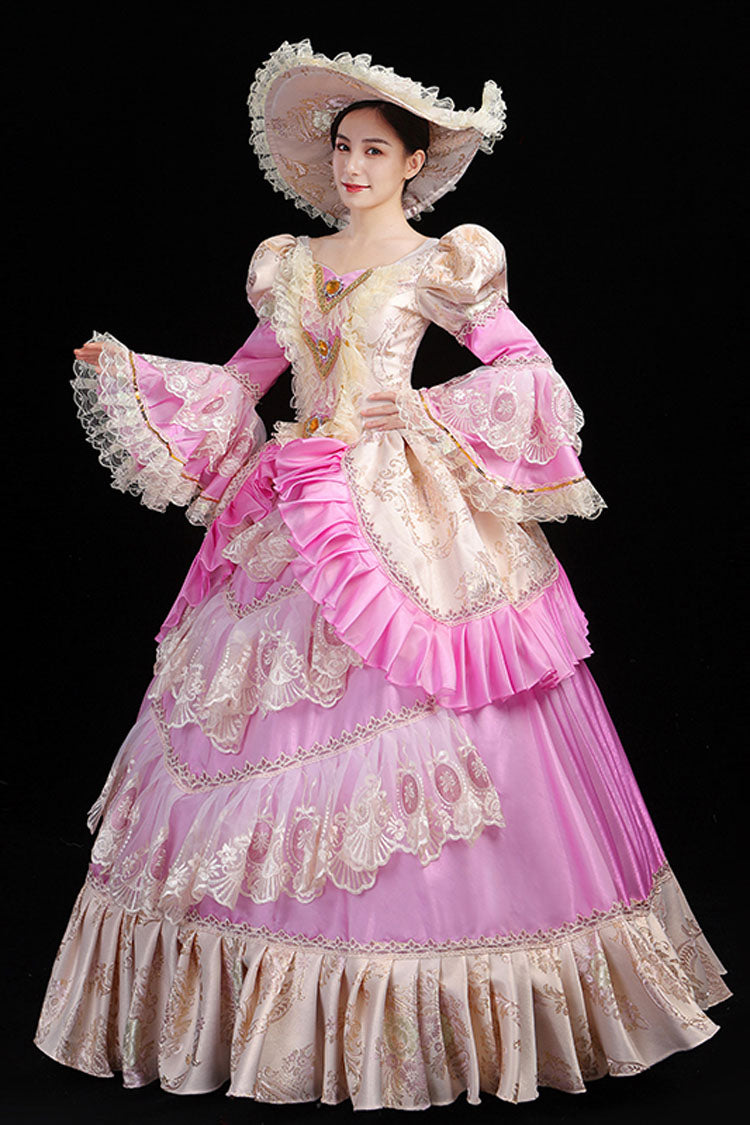 Trumpet Sleeves High Waisted Ruffled Multi-Layer Hollow Embroidery Print Victorian Lolita Prom Dress