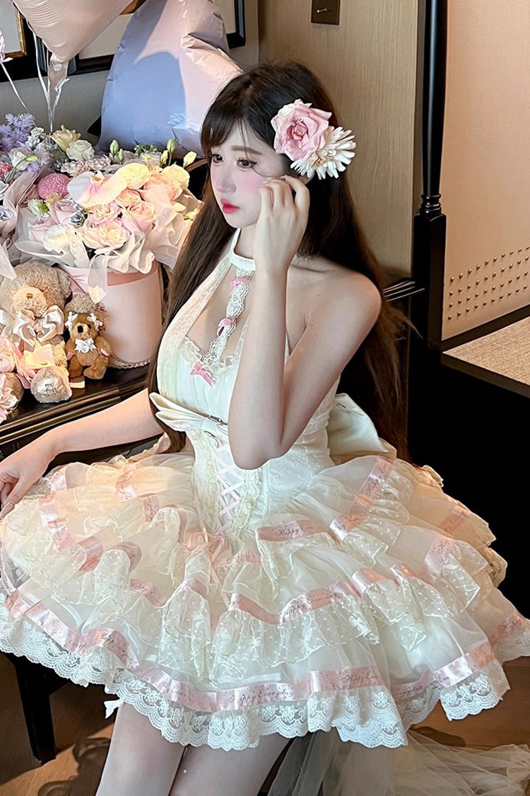 Beige Ballet Dream Halterneck Triple-Layered Ruffle Bowknot Lace-Up Sweet Princess Lolita Dress