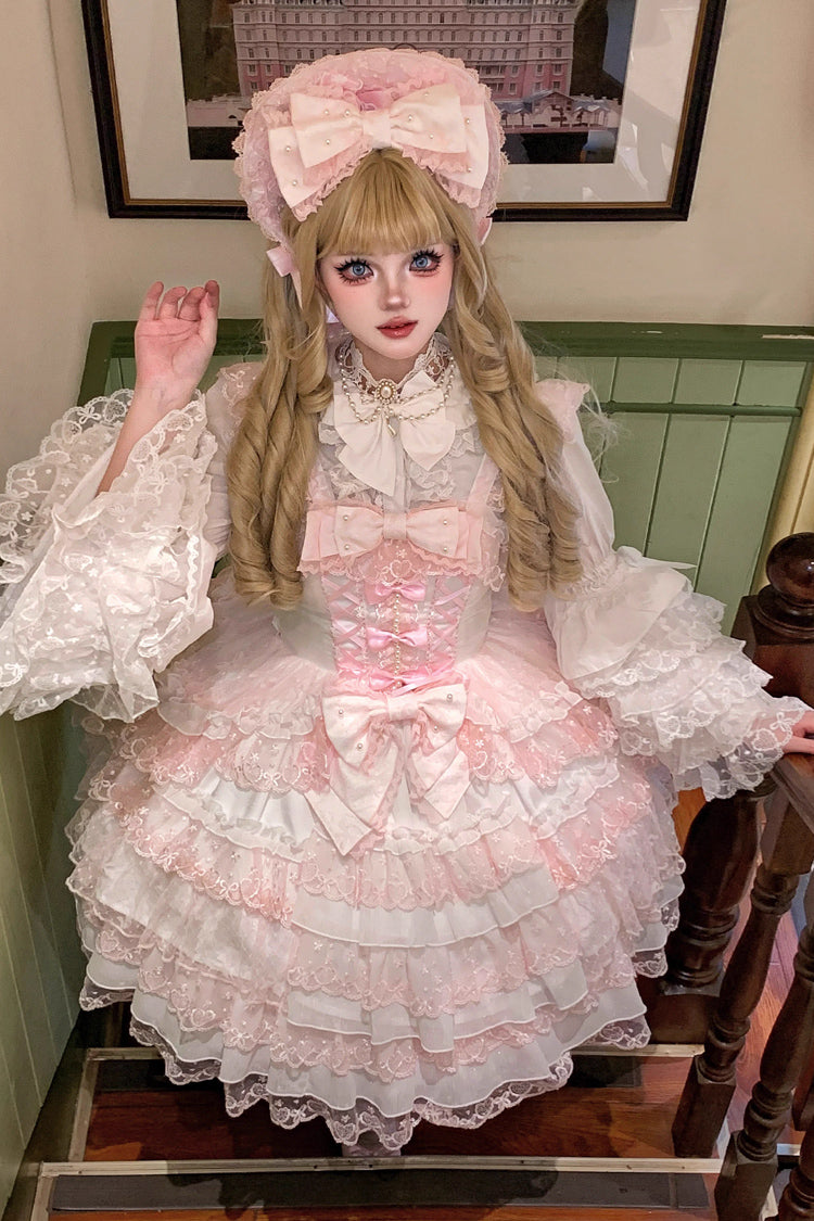 Pink/White Love Overture Multi-Layered Ruffle Bowknot Lace Sweet Lolita Jsk Dress