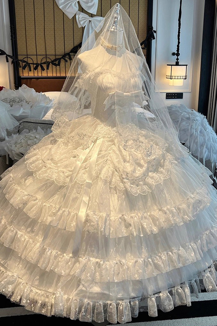White Maiden Lace Off Shoulder Triple-Layered Ruffle Hanayome Bowknot Lace Sweet Lolita Jsk Dress