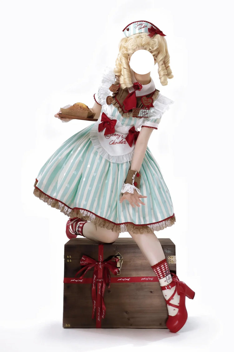 Green Jenny's Chocolate Short Sleeves Vertical Stripes Print Ruffle Bowknot Sweet Lolita Dress