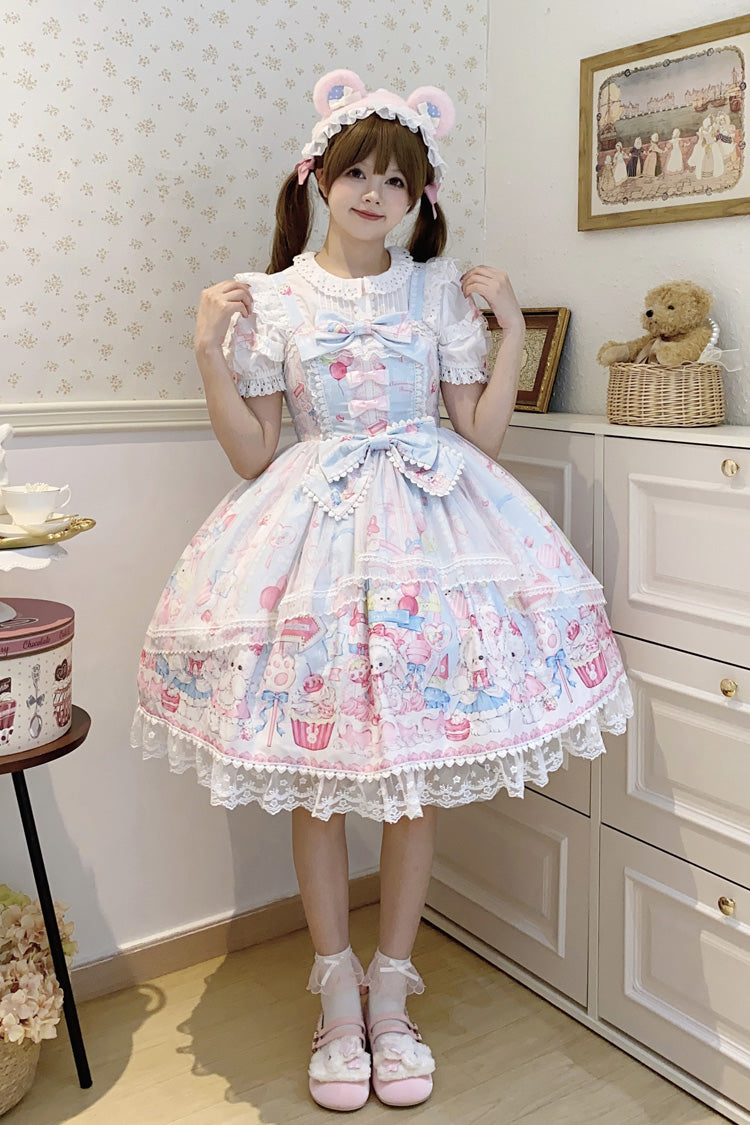 Blue Cute Rabbit Sweet Cake Print Ruffle Bowknot Lace Sweet Lolita Jsk Dress