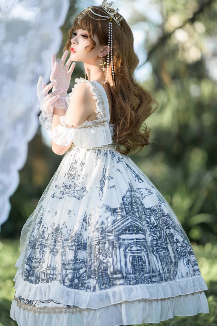 White Castle Feast Print Ruffle Bowknot Gothic Princess Lolita Jsk Dress