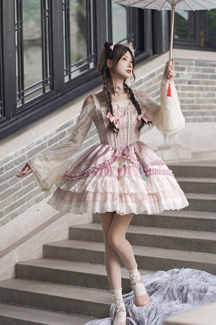 Pink Multi-Layered Ruffle Cardigan Lace Sweet Chinese Style Lolita Jsk Dress