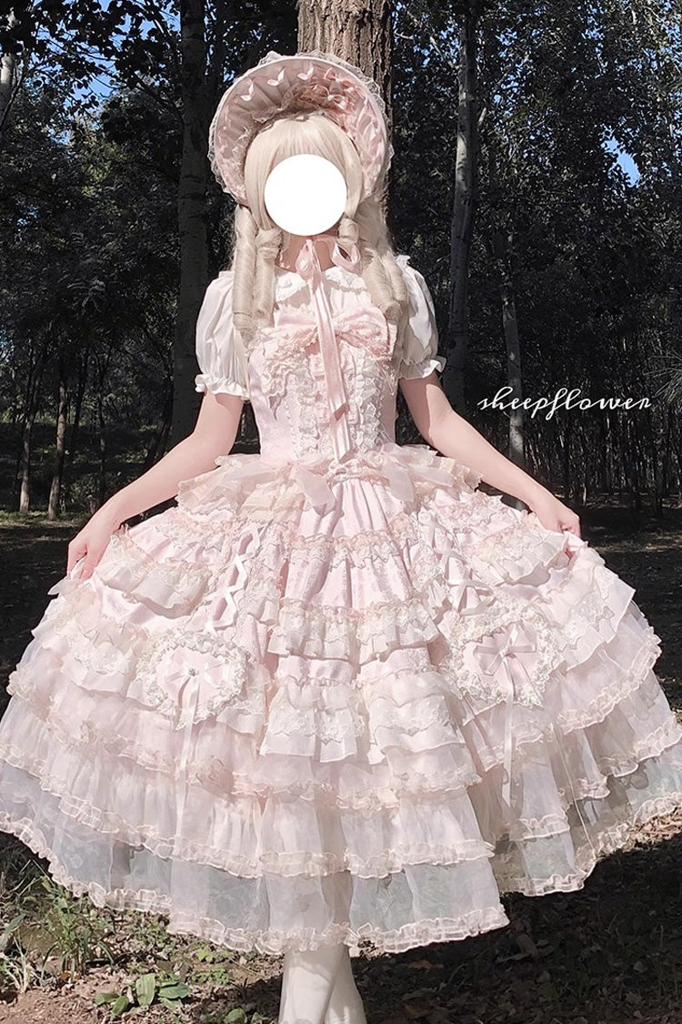 Pink Sweetheart Diary Multi-Layered Ruffle Hanayome Embroidery Bowknot Lace Sweet Lolita Jsk Dress
