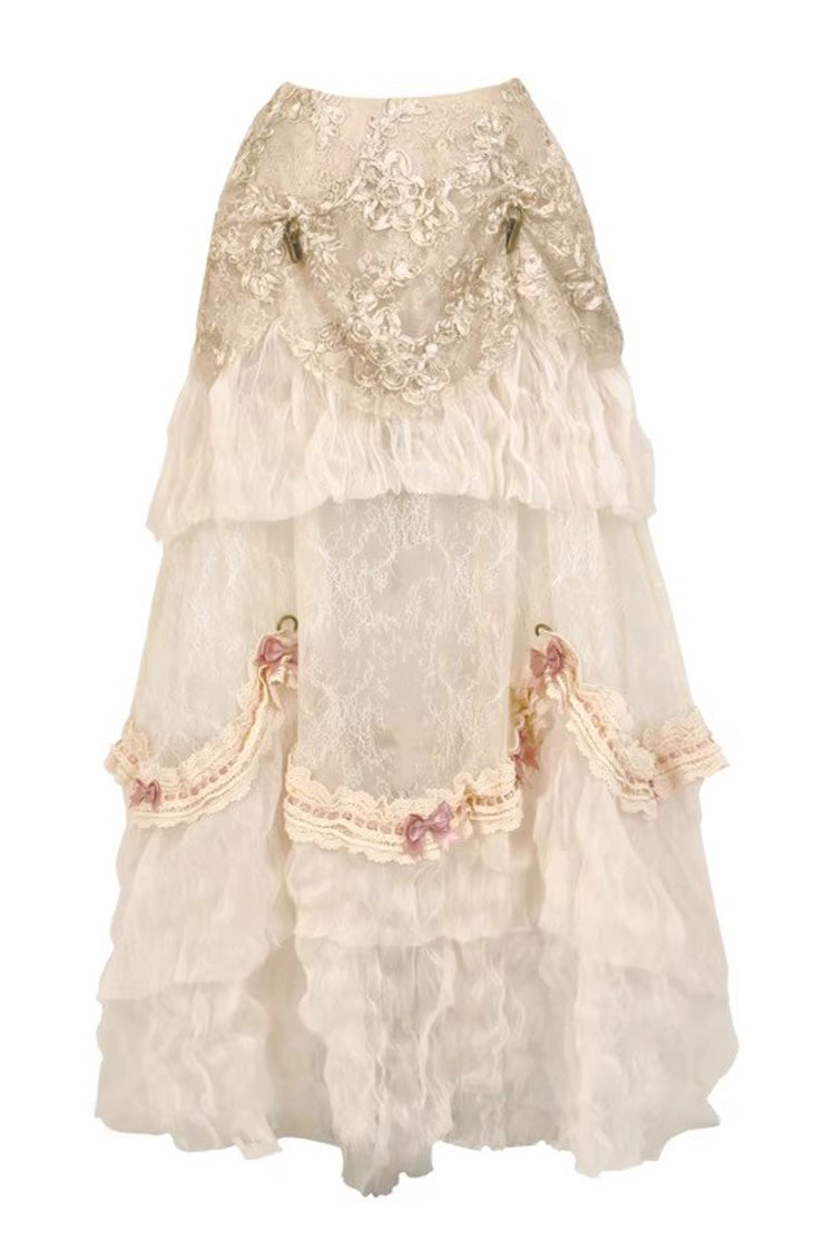 Light Brown Cupid's Poetry Box Boat Neck Short Puff Sleeves Ruffled Cut-Out Embroidered Bow Lace Gothic Elegant Lolita Skirt Dress and Top Set