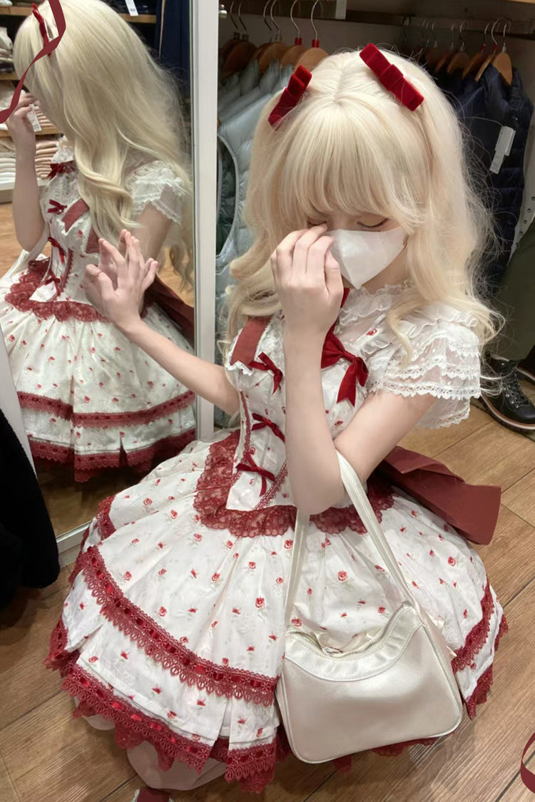 Wine Red First Love Rose Multi-Layered Print Ruffle Bowknot Lace Sweet Lolita Jsk Dress Set