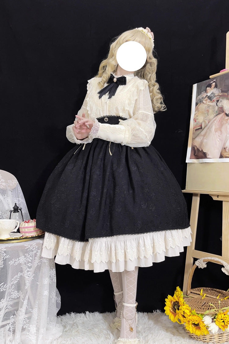 Black Heart of Rose High Waisted Ruffle Embroidery Lace-Up Sweet Vintage Elegant Palace Lolita Skirt