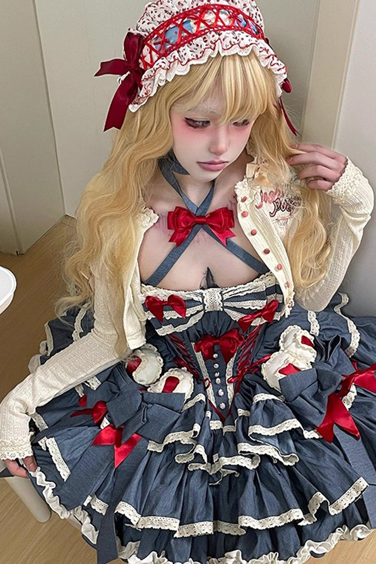 Blue Milk Rabbit Theater Halterneck Sleeveless Triple-Layered Ruffle Bowknot Lace-Up Sweet Lolita Jsk Dress
