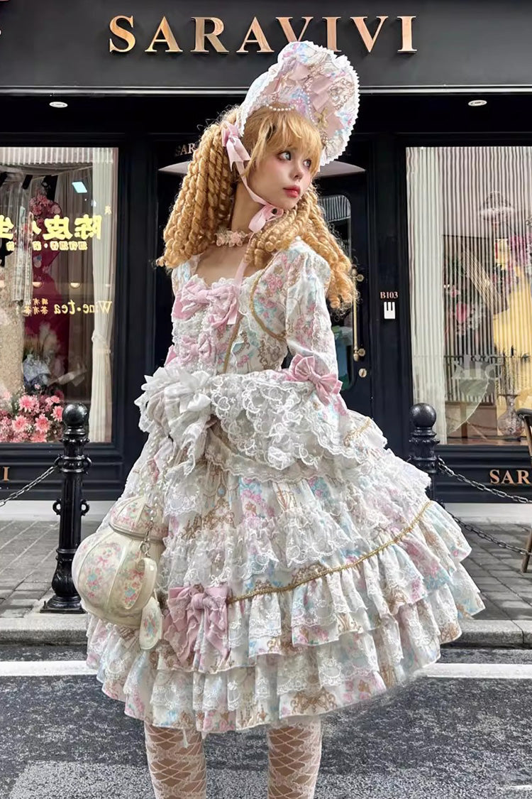 Apricot Candlelight Elegance Long Trumpet Sleeves Multi-Layered Ruffle Bowknot Lace Sweet Elegant Lolita Dress