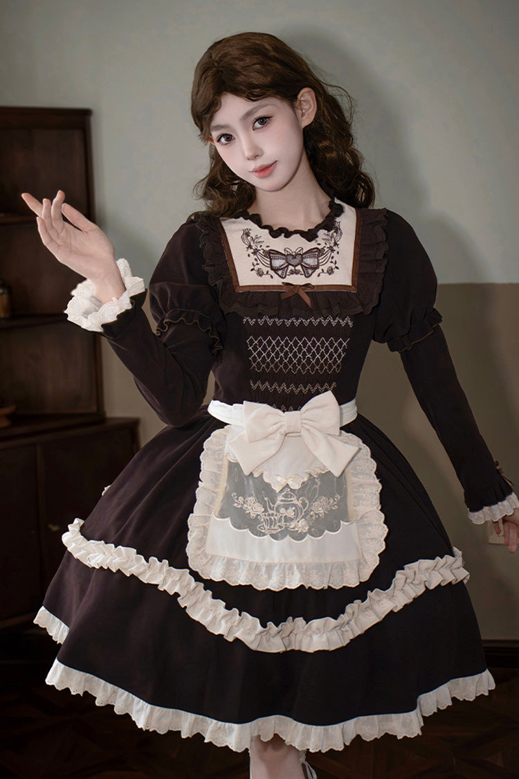 Brown Miss Brown Long Sleeves Double-Layered Ruffle Bouquet Embroidery Bowknot Sweet Lolita Dress (Short Version)