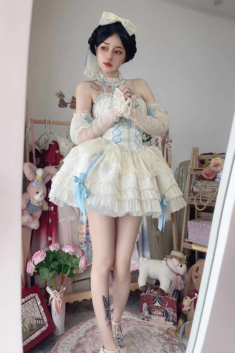 Blue/Ivory Tube Top Sleeveless Ruffle Bowknot Gothic Lolita Jsk Tiered Dress