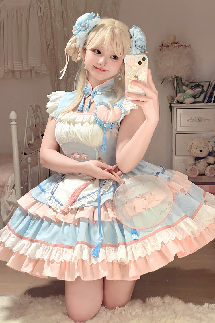 Blue/Pink Multi-Layered Ruffle Sweet Chinese Style Maid Cheongsam Lolita Dress