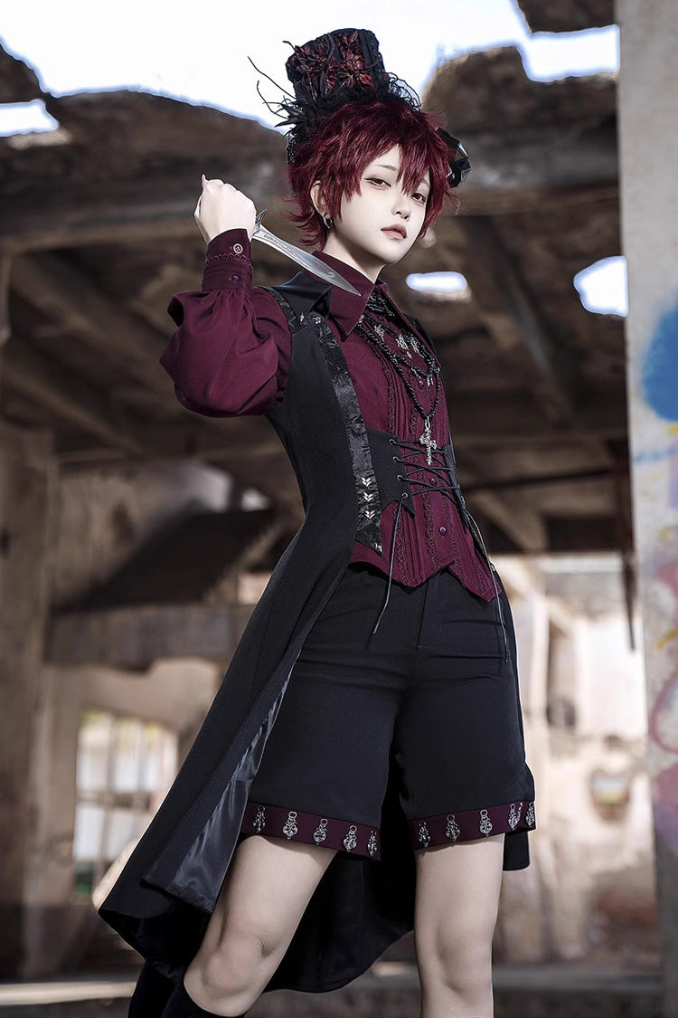 Red Lapel Collar Long Sleeves Embroidery Slim Gothic Vintage Prince Ouji Lolita Blouse