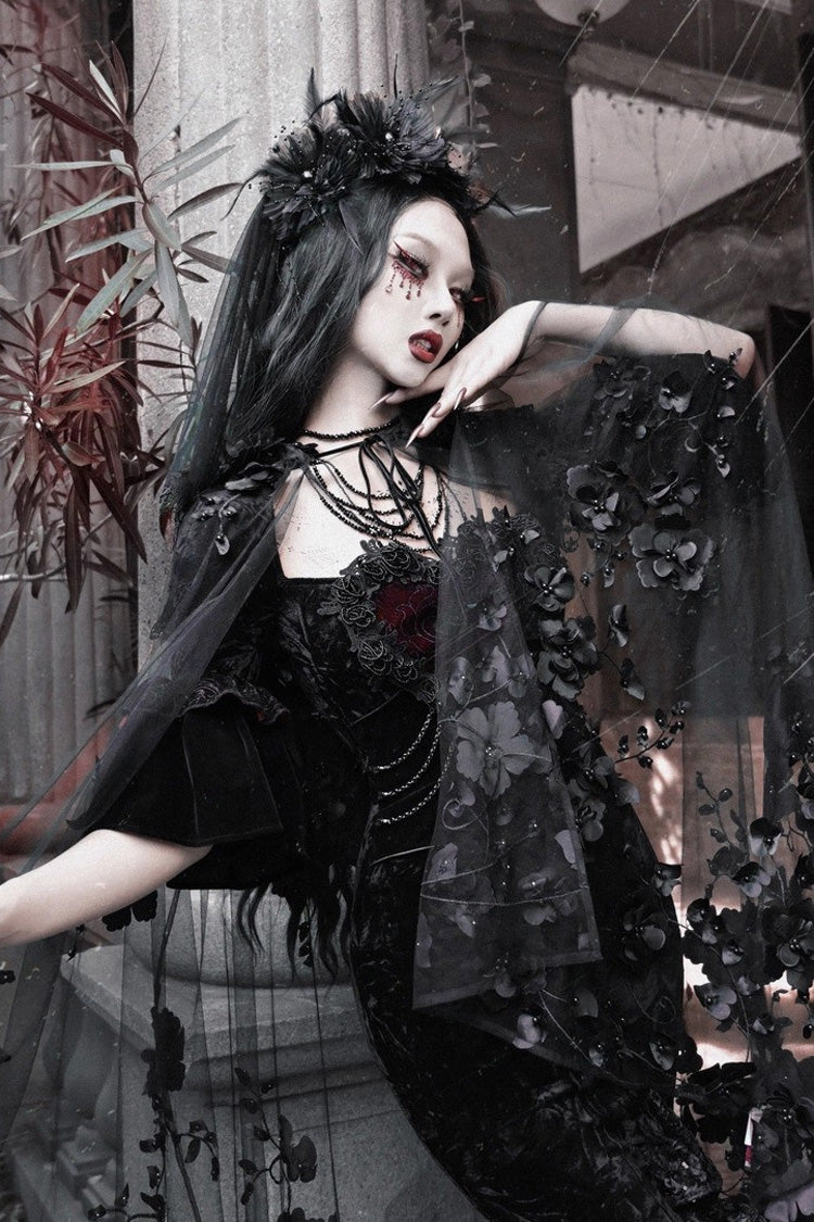 Black Castle of Dark Romance Square Collar Short Sleeves Multi-Layered Ruffled Embroidered Open-Front Lace Gothic Lolita Mermaid Dress
