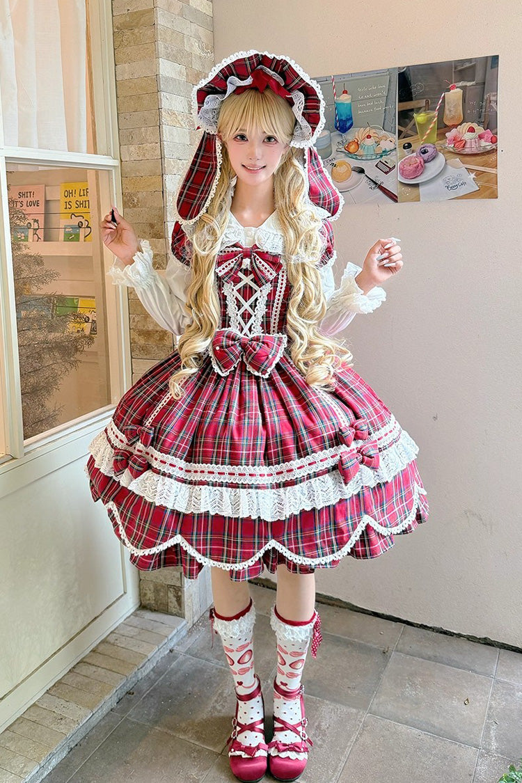 Red Gingham Petal Bunny Short Sleeves Printed Ruffled Bow Sweet Lolita OP Dress