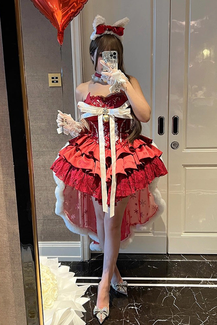 Red Holiday Lovers Sleeveless Triple-Layered Ruffle Hollow Bowknot Lace-Up Princess Ballet Sweet Lolita Dress