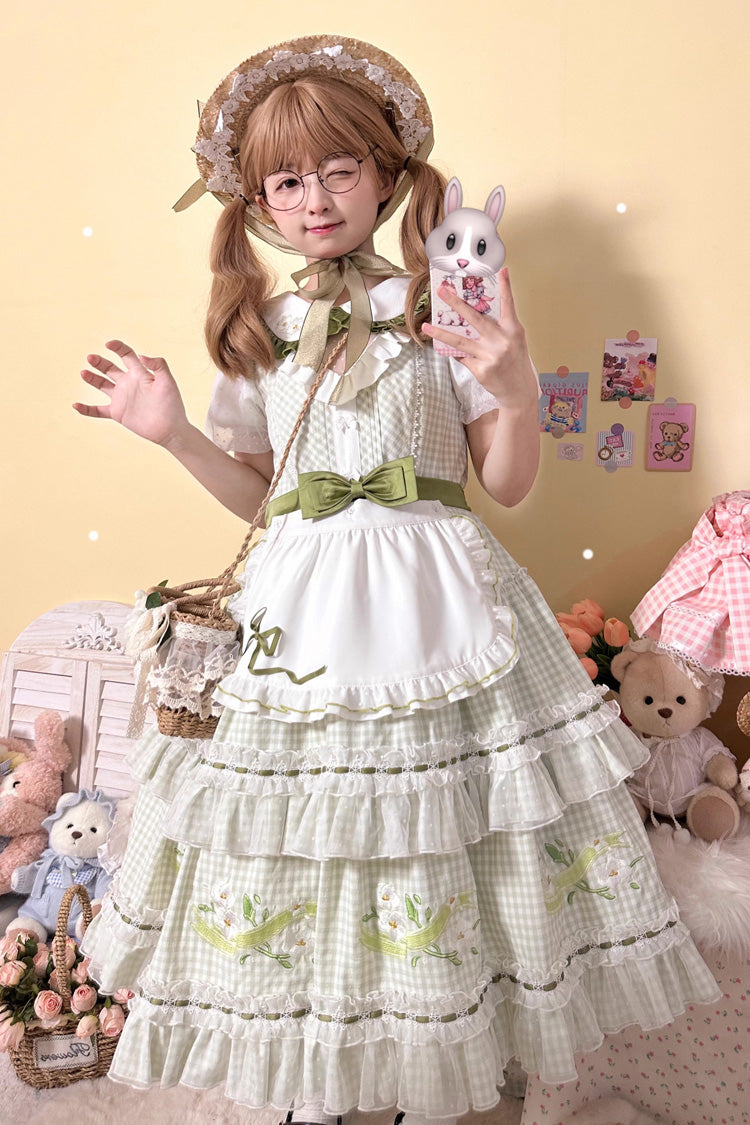 Green Doll Collar Short Sleeves Plaid Print Ruffle Hollow Embroidery Bowknot Sweet Elegant Lolita Dress
