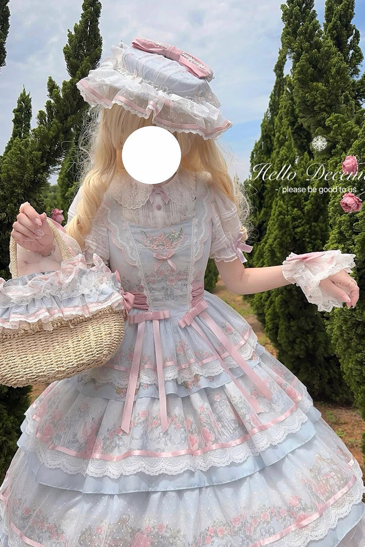 Multi-Color Rose Flower Cage Print Triple-Layered Ruffle Bowknot Sweet Elegant Lolita Jsk Dress