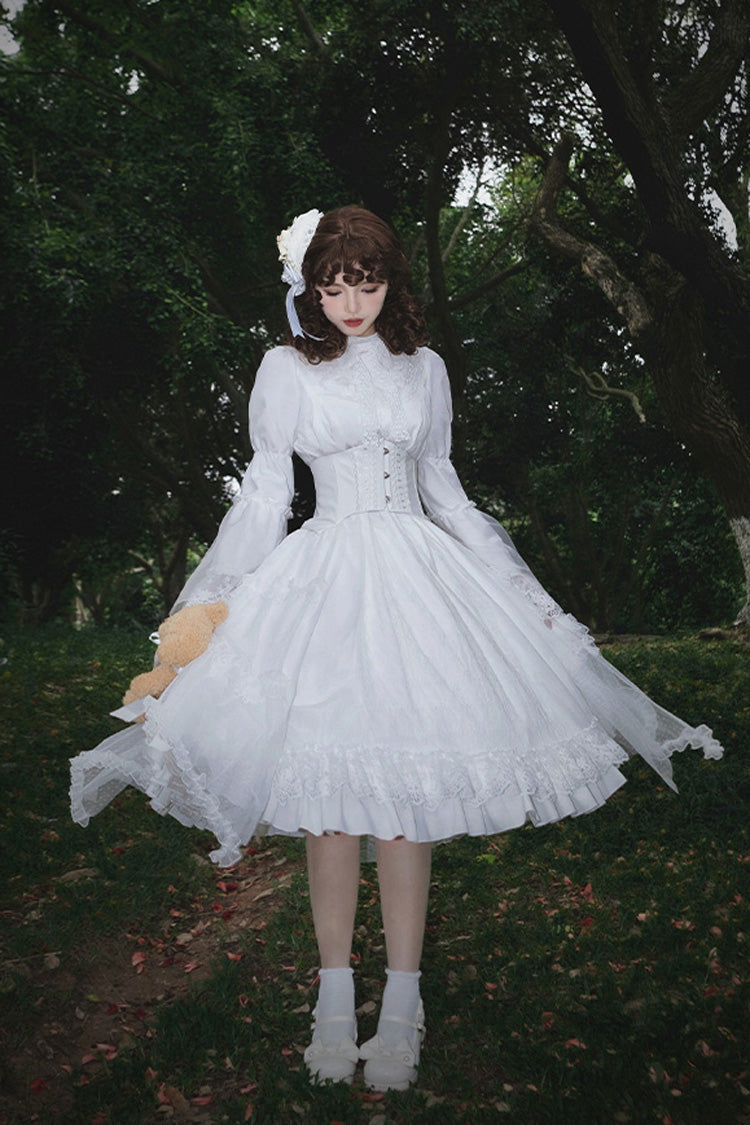 White Requiem Stand Collar Long Sleeves Ruffle Lace Gothic Lolita Dress