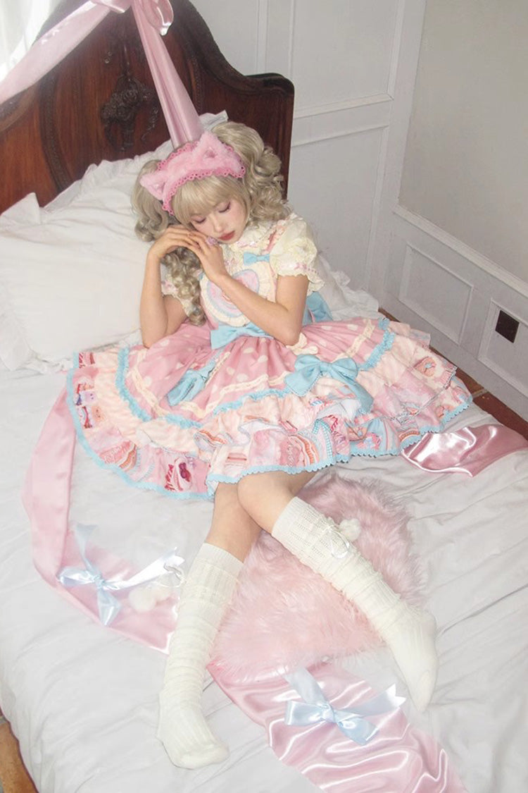 Pink Multi-layer Frosted Sugar Sweetheart Print Bowknot Sweet Lolita Jsk Dress