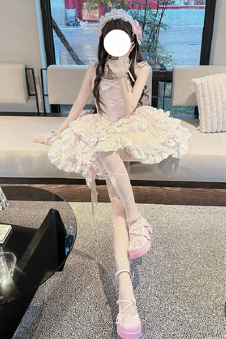 Pink Heart of Butterfly Halterneck Sleeveless Multi-Layered Ruffle Embroidery Princess Ballet Lolita Jsk Dress Set