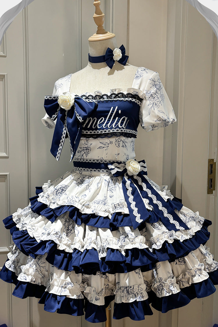 Blue/White Porcelain Print Multi-layer Ruffle Embroidery Bowknot Sweet Lolita Dress