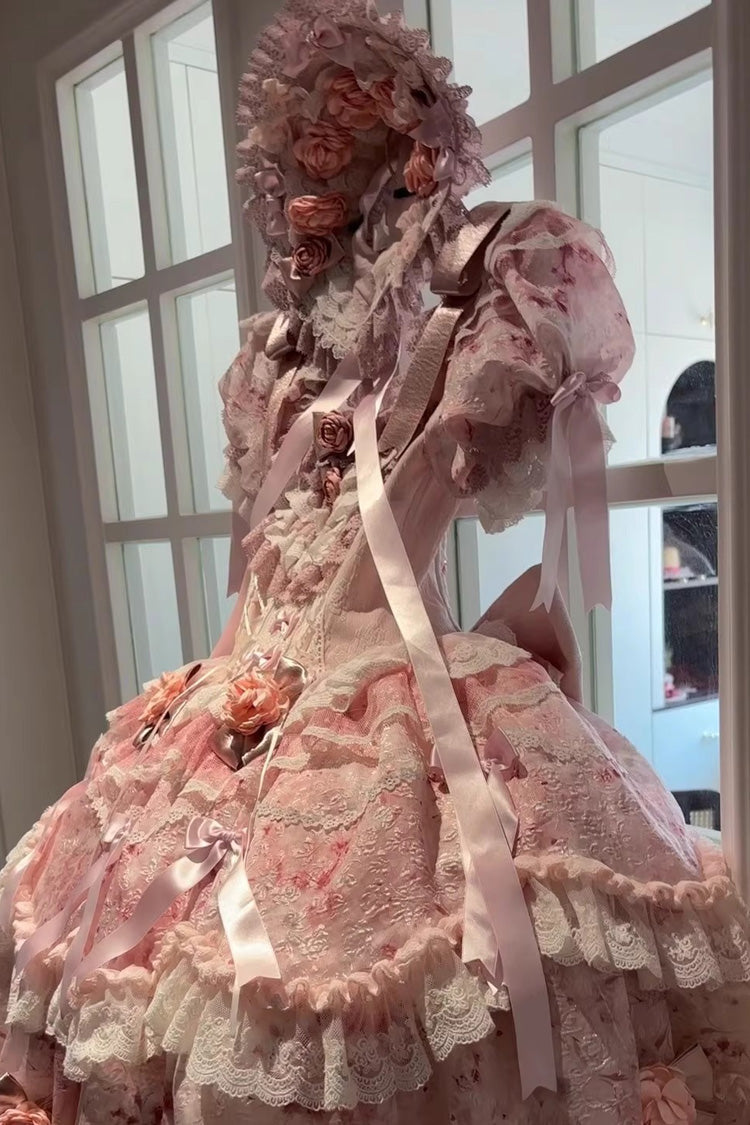 Pink Rose Manor Short Puff Sleeves Ruffle Bowknot Lace Sweet Japanese Princess Lolita Dress